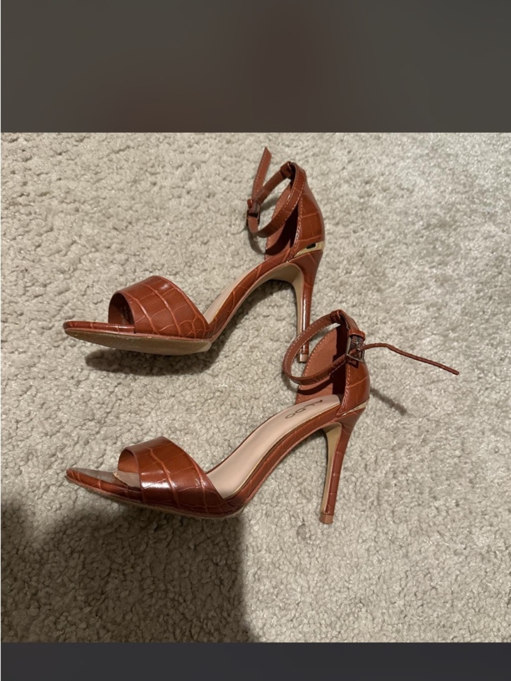 Women's Brown Croc-Embossed Ankle Strap High Heel Sandals